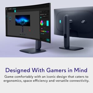 Alienware ultrawide gaming monitor with ergonomic design and color calibration software on screen
